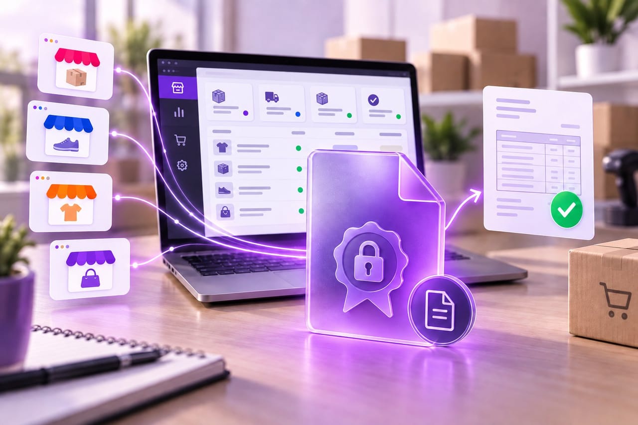 e-CNPJ A1 para marketplaces: arquivo A1 protegido conectado a painel multicanal de pedidos e documento fiscal eletrônico abstrato.